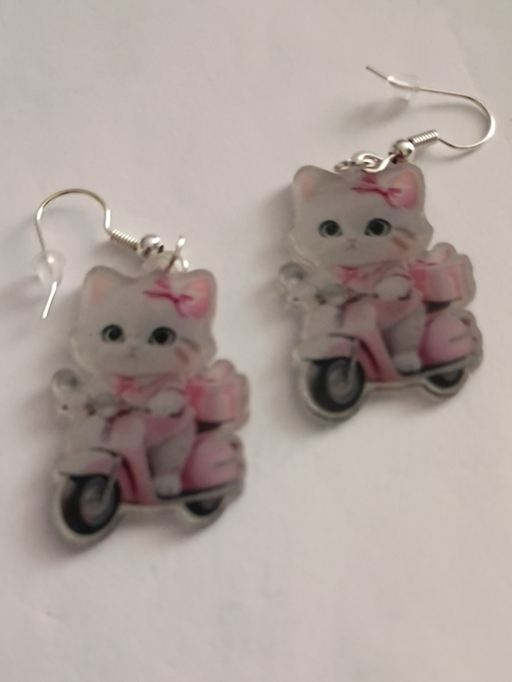 Pink Cat on Scooter Drop Earrings - Unbranded